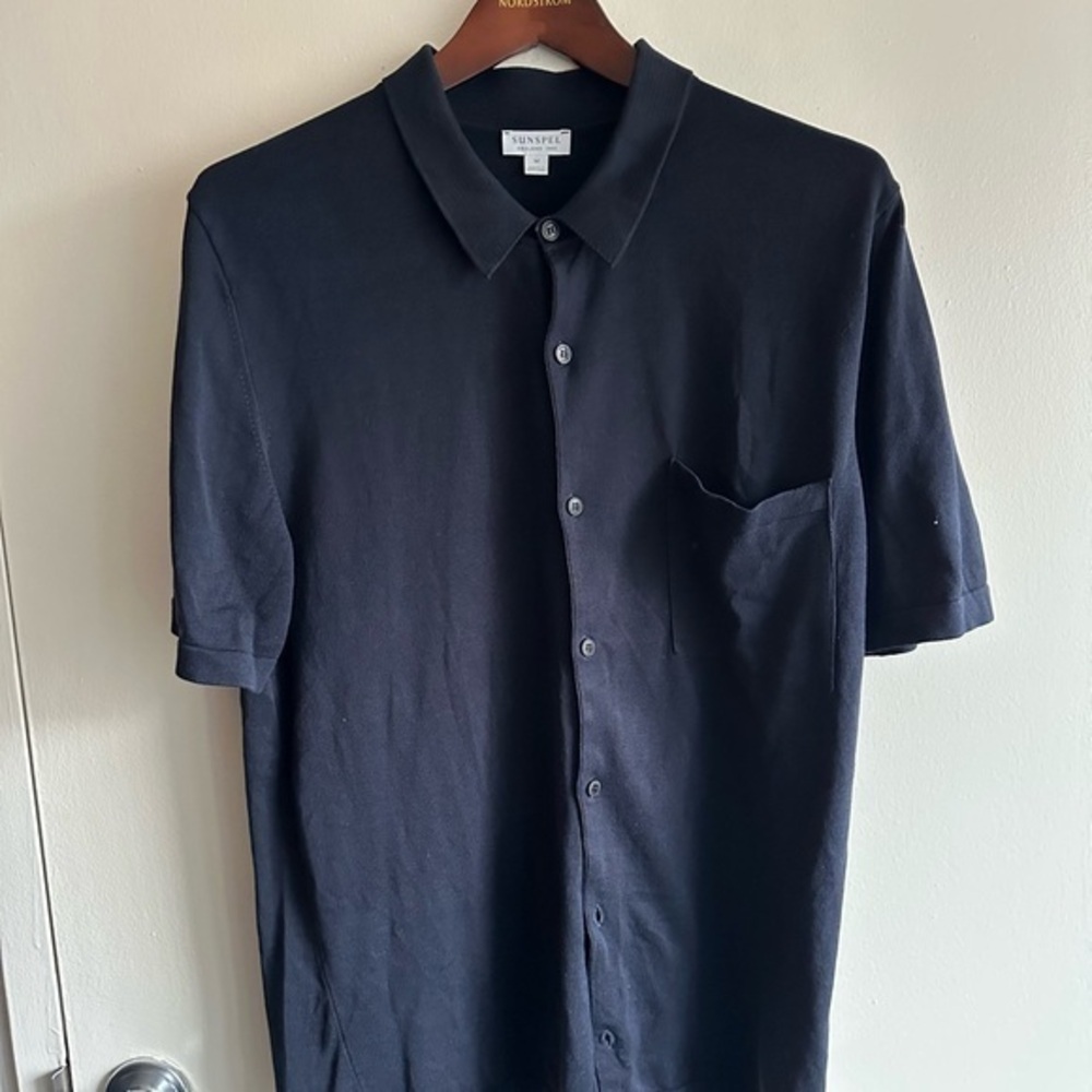 Sunspel Short Sleeve Button Up Navy Cotton